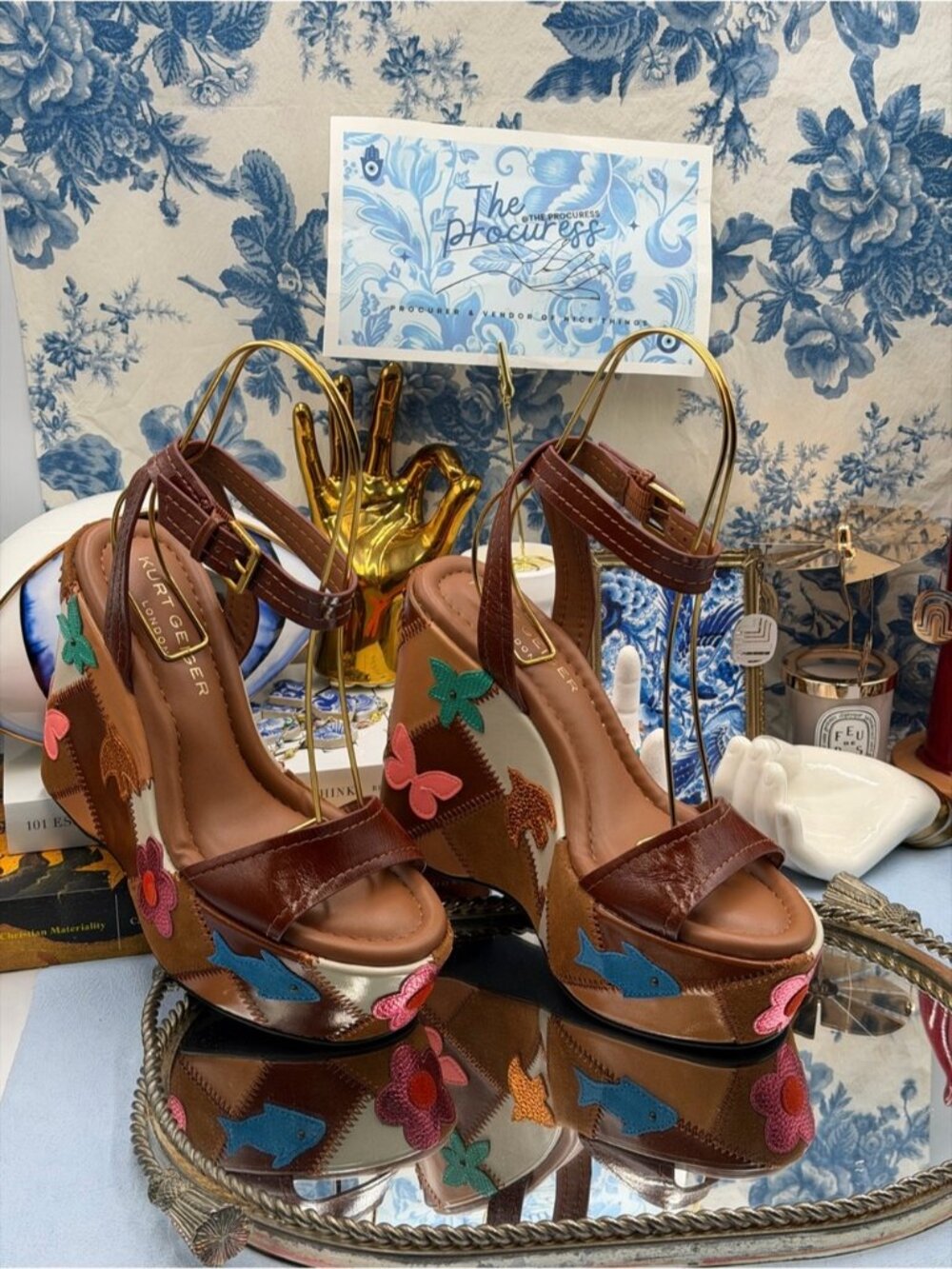 🆕 KURT GEIGER LONDON 🧿 NWOB Patchwork Platform Wedge Heel, Brown - Sz 37 US 7